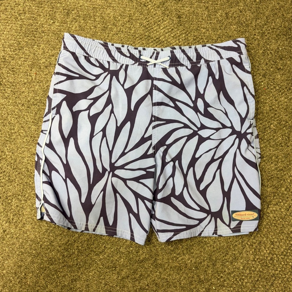 Vineyard Vines Boys Swim Trunks Blue Navy Botanical Leaf Print Board Shorts L 16